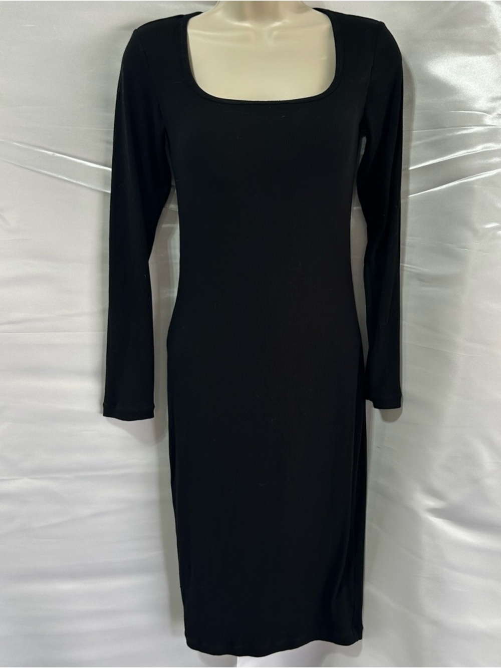 Popilush Shapewear Long Sleeve Black Ribbed Square Neck Bodycon Midi Dress Sz M